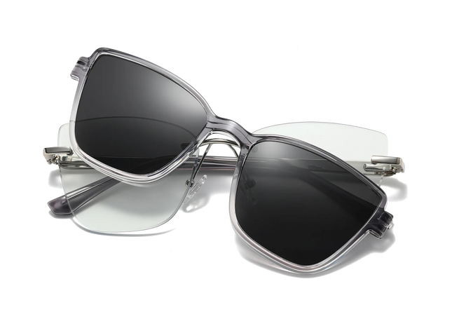 Eydology Flora Silver and Clear Grey Gradient / Polarized Grey Lens Clip on Sunglasses 1
