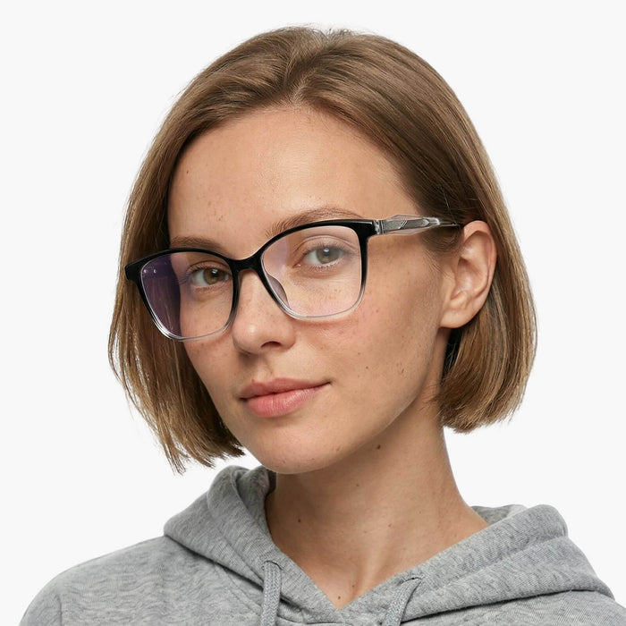 The eydology adriel series of gradient black square frames accentuate a woman's intellectual elegance.