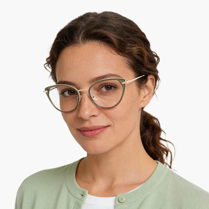 The Eydology Irene series of grass green gold frames accentuate a woman's vibrant energy.