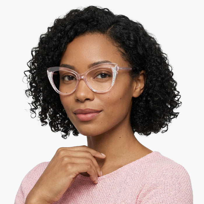 The Eydology Kairo series of crystal light purple butterfly frames accentuate a woman's gentle romantic charm.