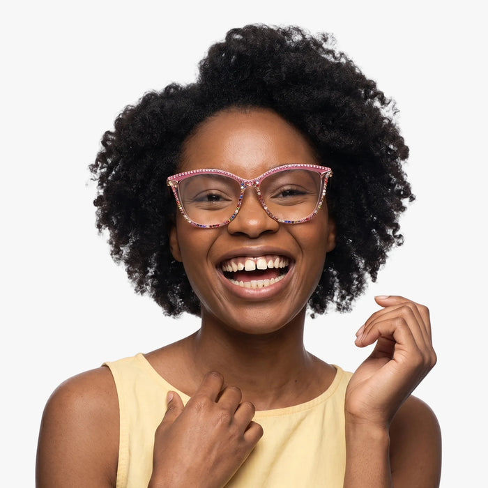 The Eydology Lachlan series of baby pink frames accentuate a woman's graceful unique charm.