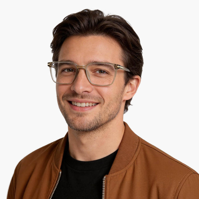 The Eydology Nico series of  light-brown square frames accentuate a man's sunny vitality.