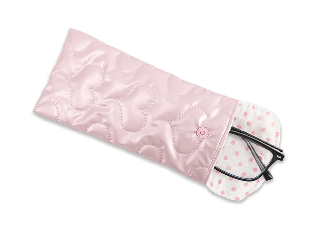 Pink heart-patterned storage bag with black glasses inside 02